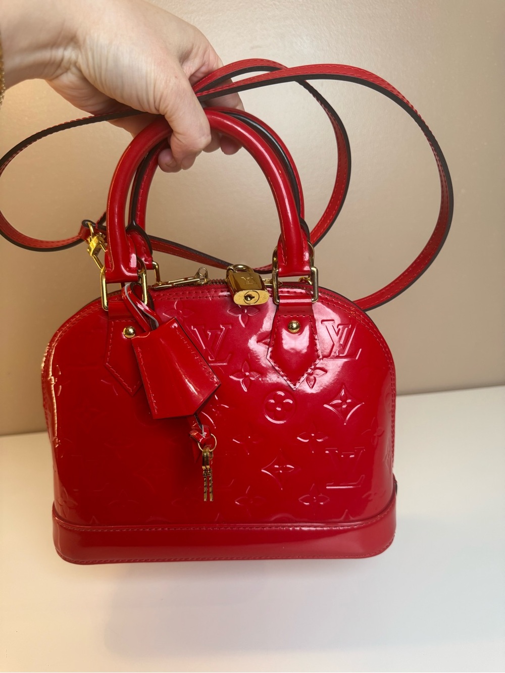 Louis Vuitton Red Patent Alma Satchel with Gold Hardware - Picture 9 of 10